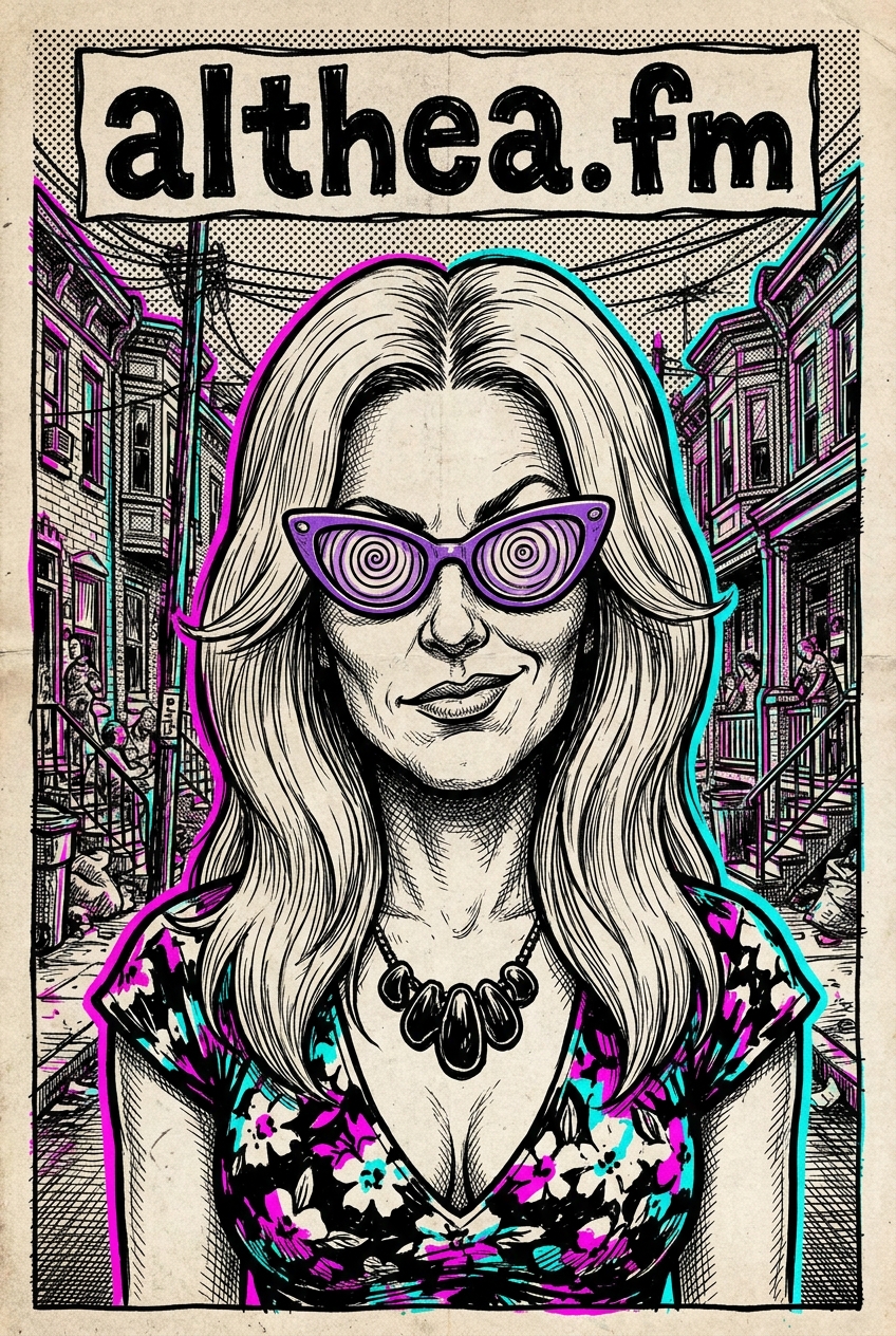 Underground-comix cover portrait of Althea with the althea.fm banner